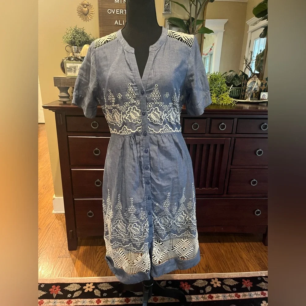 Anthropologie Moulinette Soeurs Blue and White Embroidered Waters Midi Dress Sz4 - Picture 2 of 10